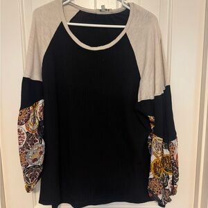 Umgee Women's Black/cream/multi Colored Print Waffle Knit Blouse Size 1XL